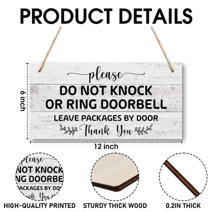 Wooden Sign with Rope for House Front - Do Not Knock or Ring Doorbell, Leave Packages by Door, 6x12 Inches Hanging Sign For Door Doors Garden Fence Office -02