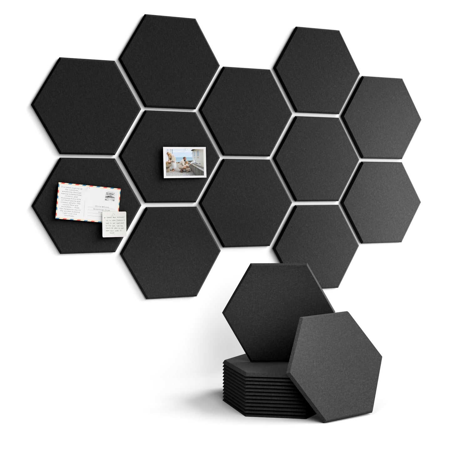 Fluxynara Hexagon Cork Board Alternative for Walls Decor-12-Pack Felt Bulletin Board Tiles,with 30 Pushpins,70 Adhesive Tabs for Office,Classrooms & Home Pin Board Felt Board-Black