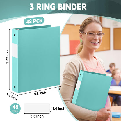 Henoyso 48 Pack 1 Inch 3 Ring Plastic Binders, Bulk Flexible PP Binders for Classroom & School Supplies, Letter Size 8.5 x 11, Holds 240 Sheets with Interior Pocket (Mint Green)
