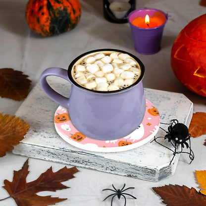 JarThenaAMCS 6 Pcs Halloween Coaster with Holder Pumpkin Ghost Anti Slip Cup Mat Pink White Orange Absorbent Ceramic Drink Coasters for Home Decor Table Protection
