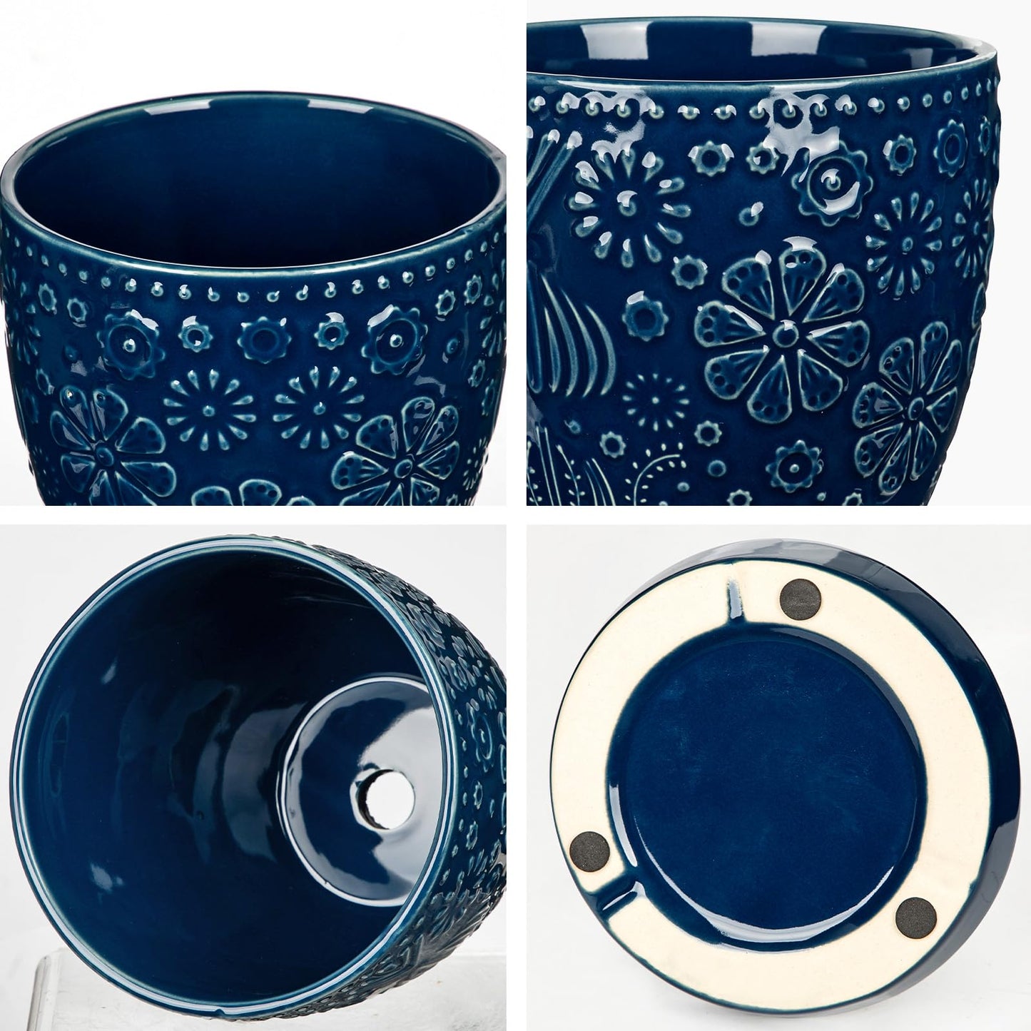 Hollyone Set of 3 Blue Ceramic Planter 6 Inch Flower Plant Pot with Drainage Hole and Saucer for Plants Embossed Indoor Outdoor Garden Embossed Ceramic Glazed Round Pot for Succulent Orchid