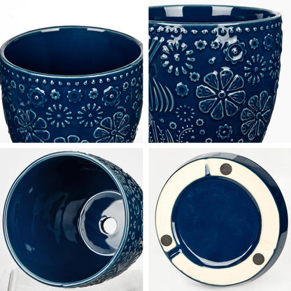 Hollyone Set of 3 Blue Ceramic Planter 6 Inch Flower Plant Pot with Drainage Hole and Saucer for Plants Embossed Indoor Outdoor Garden Embossed Ceramic Glazed Round Pot for Succulent Orchid