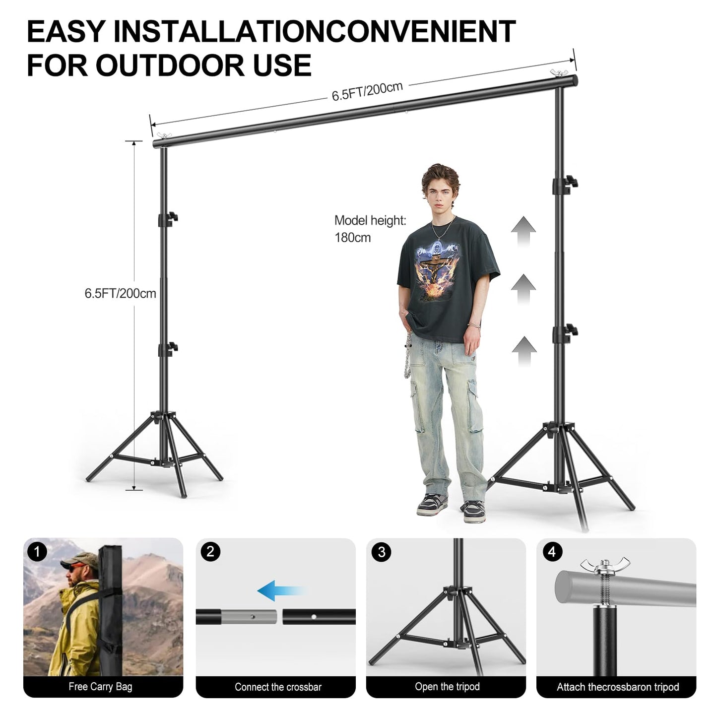 Backdrop Stand 6.5 x 6.5 FT, Adjustable Photography Backdrop Support System Kit with 4 Clamps and Carrying Bag for Parties, Wedding, Photography, Festival Decoration