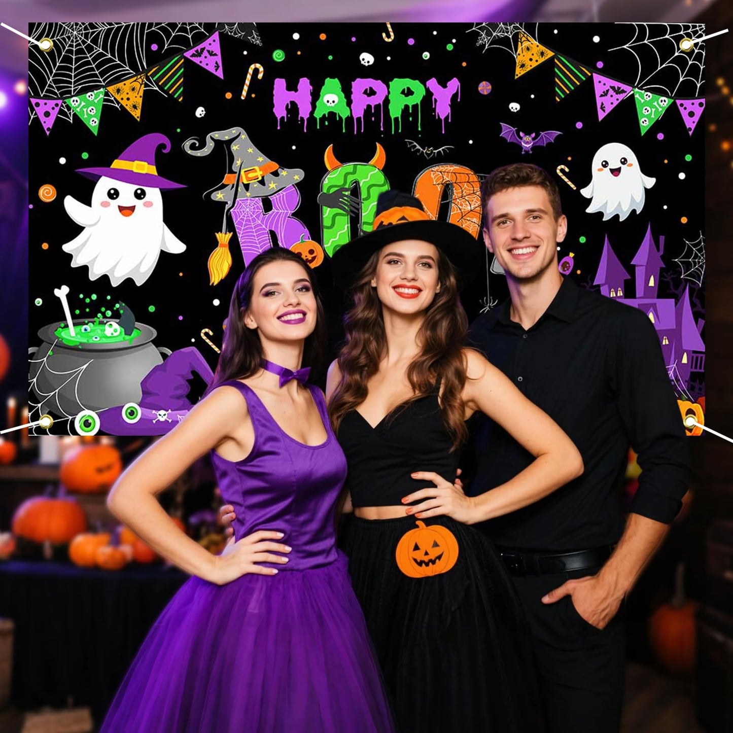 Mocsicka Happy Boo Day Banner Backdrop Halloween Happy Birthday Banner Purple Cute Ghost Happy Boo Day Halloween Birthday Decorations Photo Booth Props 70.8x43.3(inch)