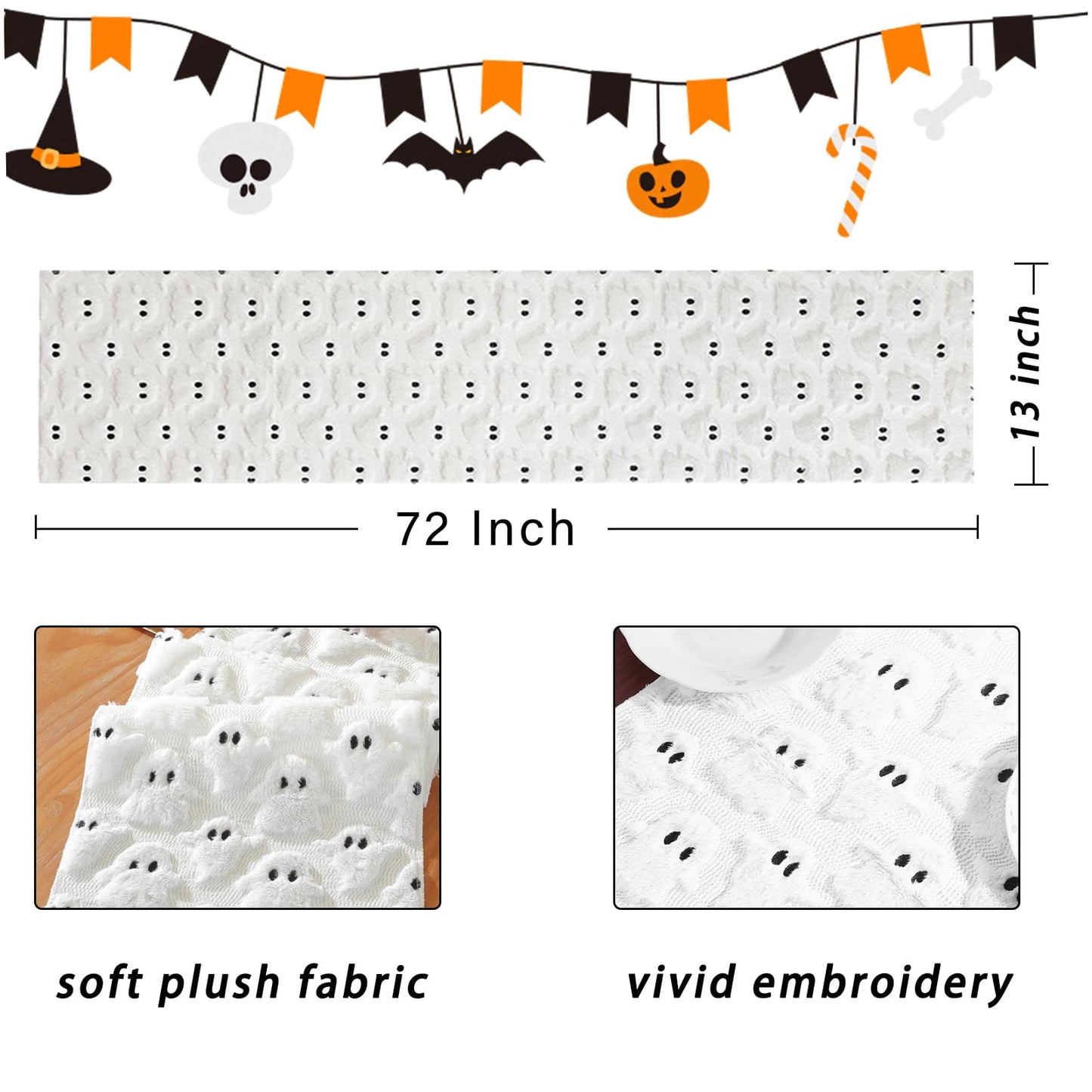 3D Halloween Indoor Decoration Table Runner - White Ghosts Soft Plush Faux Fur Fabric Holiday Home Kitchen Dining Party Table Decor 13x72 Inch Long