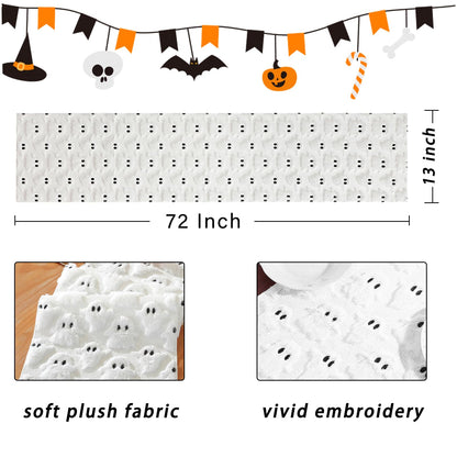 3D Halloween Indoor Decoration Table Runner - White Ghosts Soft Plush Faux Fur Fabric Holiday Home Kitchen Dining Party Table Decor 13x72 Inch Long