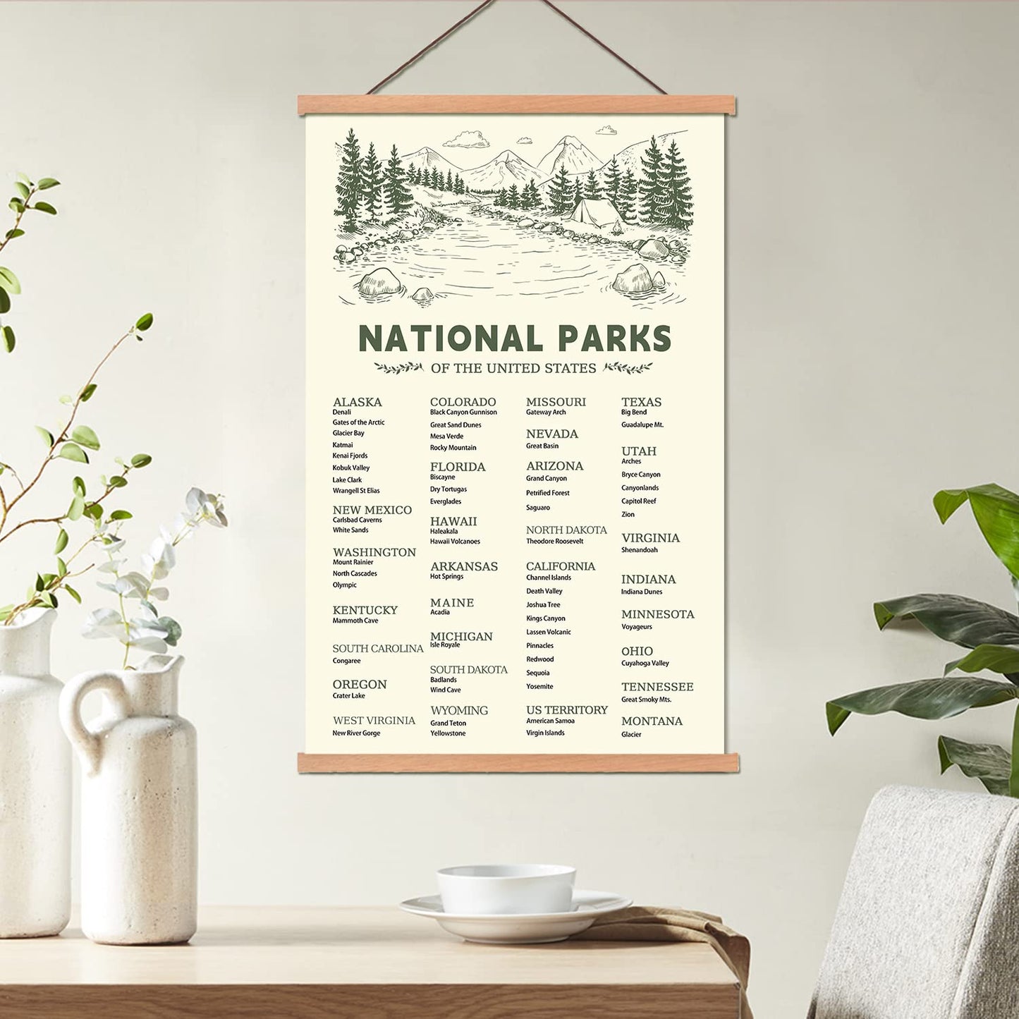 KAIRNE US National Park Checklist Poster,Park Posters for Travel Sign With Wooden Hanging Framed(40CMx75CM),Inspirational Rustic Decor,National Park Map Posters Gift for Hiker or National Park Lover