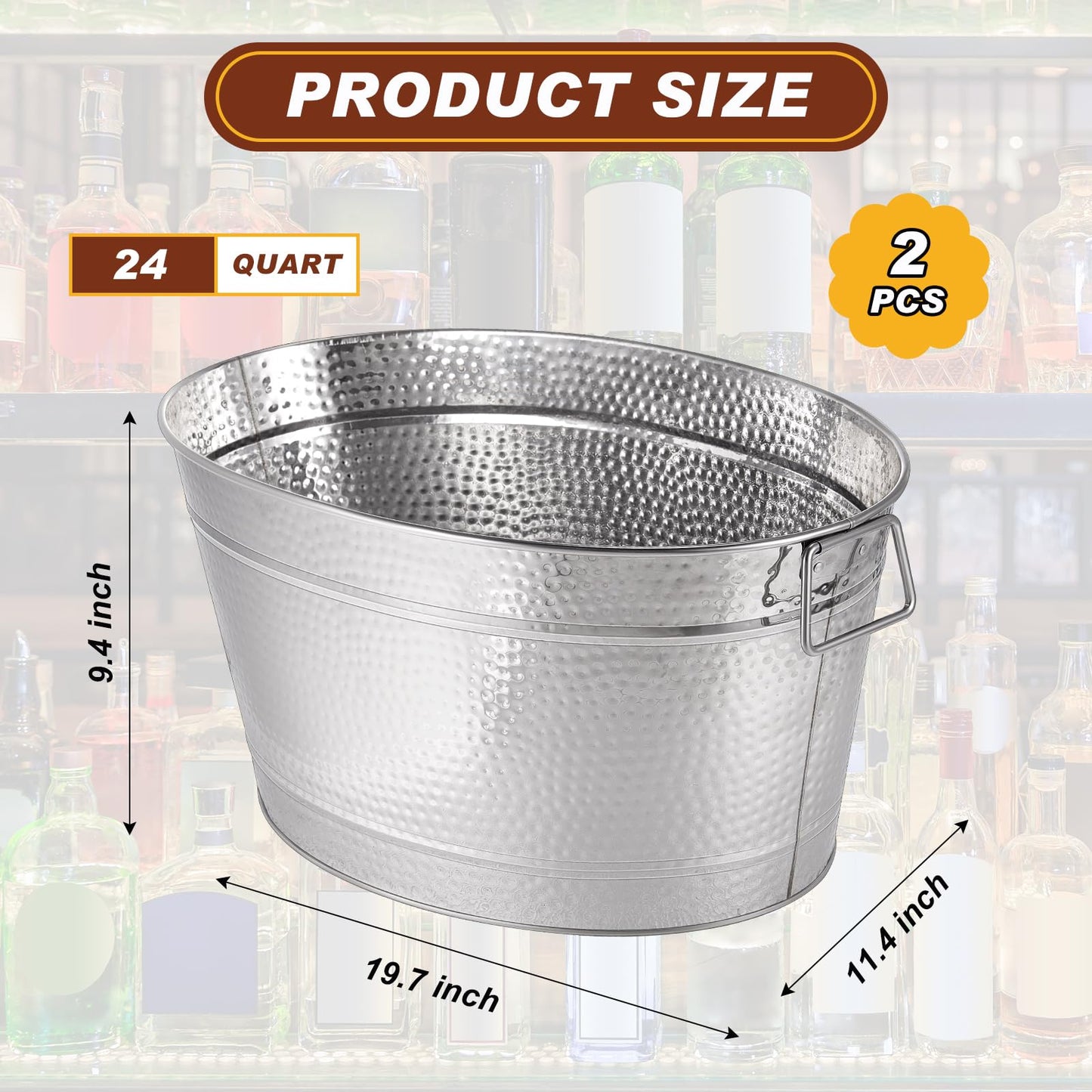 Uiifan 2 Pcs 24 Quart 6 Gallon Hammered Stainless Steel Beverage Tub Heavy Duty Oval Metal Large Ice Bucket for Drinks Bucket Cooler Ice Container for Bar Wedding Parties Anniversary Wine (Silver)