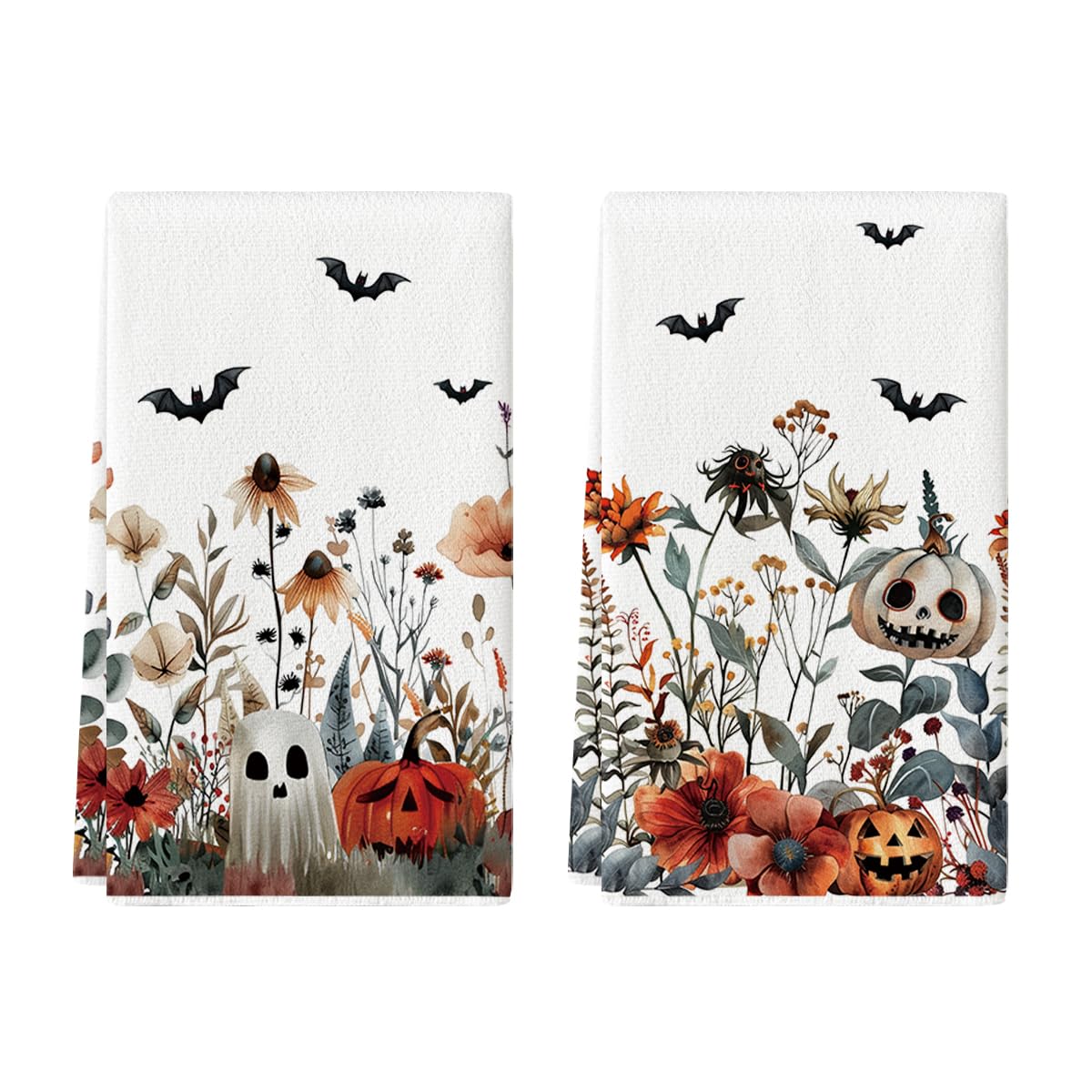 Artoid Mode Ghost Pumpkins Bats Floral Spooky Halloween Kitchen Towels Dish Towels, 18x26 Inch Jack-O'-Lantern Decoration Hand Towels Set of 2