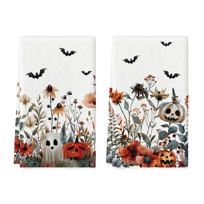 Artoid Mode Ghost Pumpkins Bats Floral Spooky Halloween Kitchen Towels Dish Towels, 18x26 Inch Jack-O'-Lantern Decoration Hand Towels Set of 2
