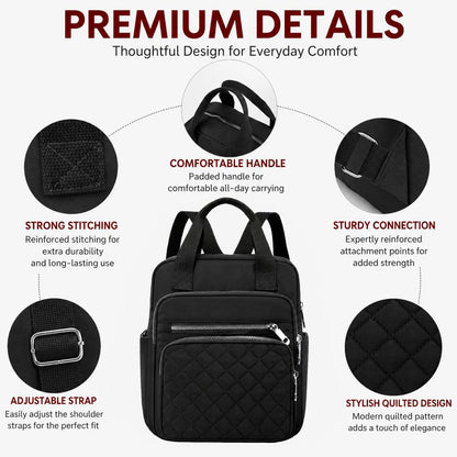 SULCET Small Backpack for Women Casual Quilted Square Bag Waterproof Multi Pockets Daypack Lightweight Top Handle Satchel