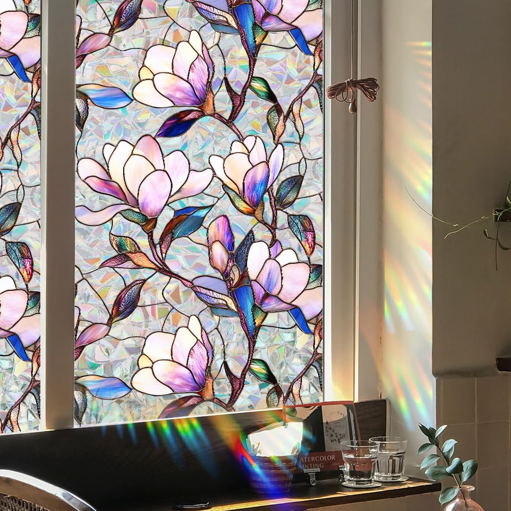 Flower Stained Glass Window Film Decorative Static Cling Stickers Sun Blocking Rainbow Privacy Decals for Home Car Purple Magnolia