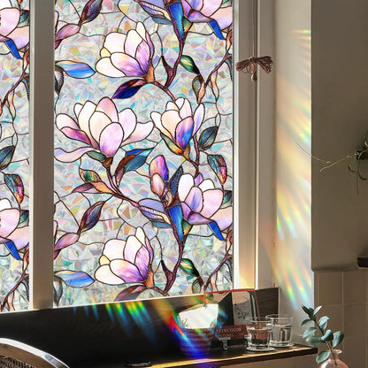 Flower Stained Glass Window Film Decorative Static Cling Stickers Sun Blocking Rainbow Privacy Decals for Home Car Purple Magnolia