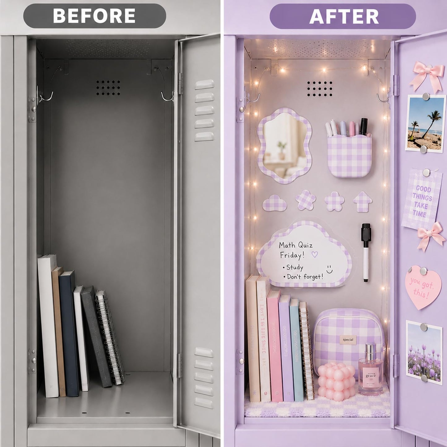 Svartur Magnetic Locker Accessories Set - Locker Mirror, Dry Erase Whiteboard, Magnetic Pen Holder & Cute Magnets, Aesthetic School Locker Decor for Girls, Locker Organizer Kit, Purple
