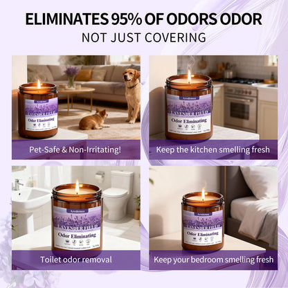 Lavender Odor Eliminating Candles | Eliminates 95% of Pet, Smoke & Bathroom Odors – 7oz Hand Poured Soy Candle - Aromatherapy Stress Relief Scented Candles - Relaxing Gifts for Calm & Fresh Homes