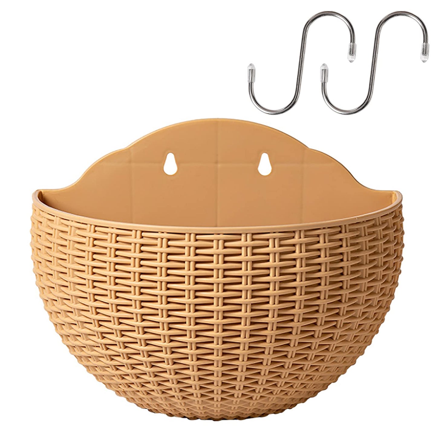 Hanging Planter Pot, Wall and Railing Hanging Planters with S Hooks, Half Round Imitation Rattan European Style Wall Flowerpot Rustic Decorative Flower Basket for Home Balcony Garden(#26*20.5cm Khaki)