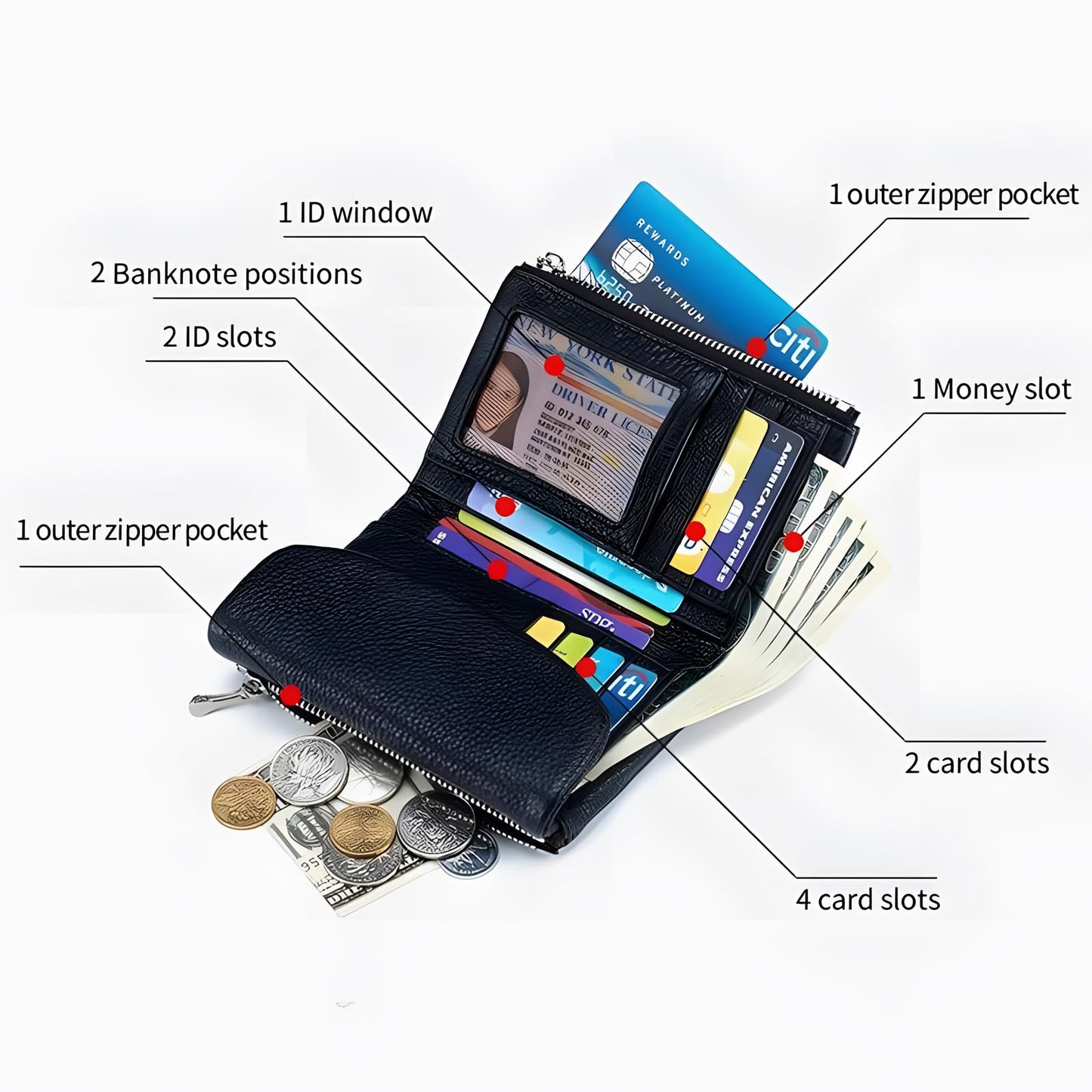 Unisex Pebble Leather Wallet, 5.3In Short Genuine Leather Coin Card Holder, Two zippered pockets, Unisex Clutch Bags, Can Hold Coins, Cards, Id Cards (Red)