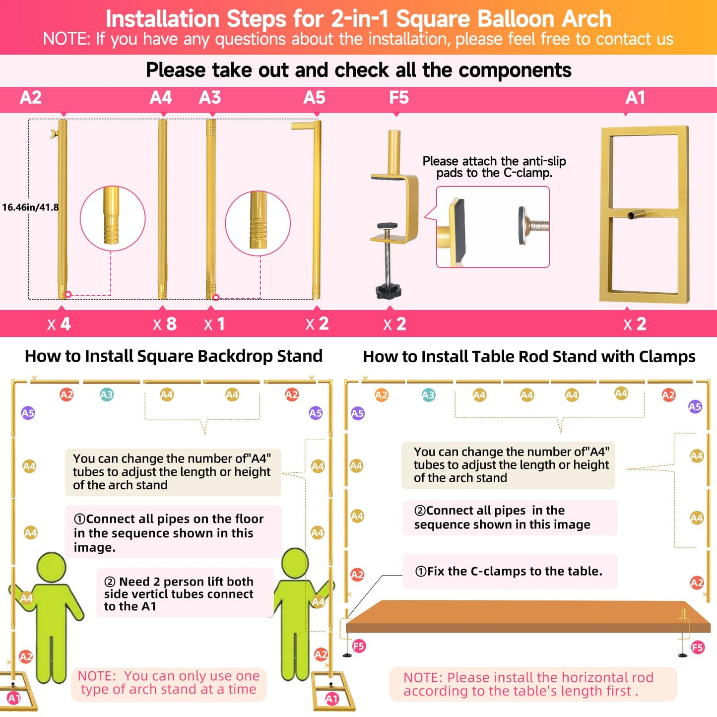 JEBUTU Square Backdrop Stand, Wedding Arch Heavy Duty Adjustable Stand, Over The Table Rod Stand with Clamps, Metal Gold Garden Balloon Frame for Baby Shower Party Decoration