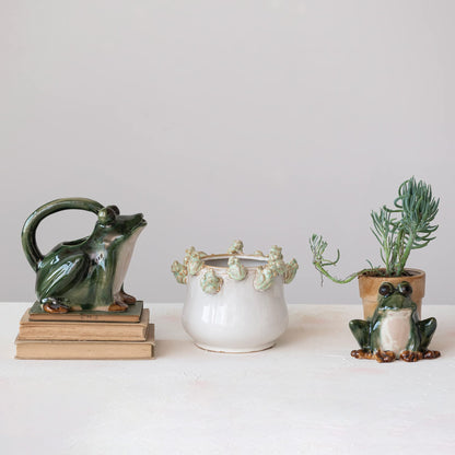 Creative Co-Op Stoneware Frog Planter, Green