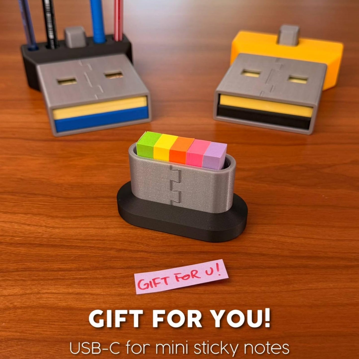 USB Flash Drive Shaped Sticky Note Holder & Pen Organizer, 3D Printed Desk Caddy with Magnetic Compartment, Includes Stencils, for Home Office School, Yellow, Minimalist Style