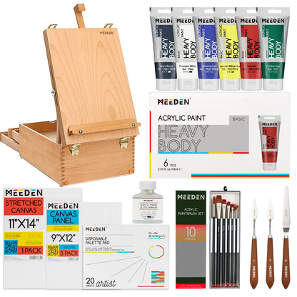MEEDEN Acrylic Painting Set with Easel: 44 Pcs Art Supplies Painting Kit with Tabletop Box Easel for Adults - 6 Acrylic Paints, Paintbrushes, Canvas, Palettes & Accessories