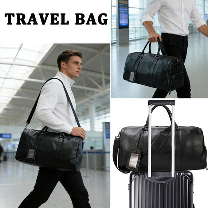 Leather Travel Duffle Bag with Shoe Pouch, Cabin Friendly Weekender Overnight Bags, Carry On Sports Gym Bag for Men Women