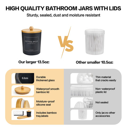 3 Pack Qtip Holder Bathroom Set with Tray,13.5oz Cotton Round Ball Pad Holder Cotton Swab Floss Pick Dispenser,Bathroom Organizers and Storage Container,Glass Apothecary Jars Canisters with Lids-Black