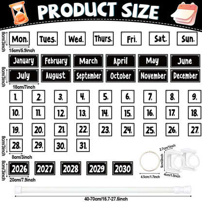 Black White Flip Calendar Bulletin Board Set Black Calendar for Classroom Whiteboard Decor with 2026 to 2030 Years Date Cards and Adjustable Rod for Home Elementary Back to School Teacher Supplies