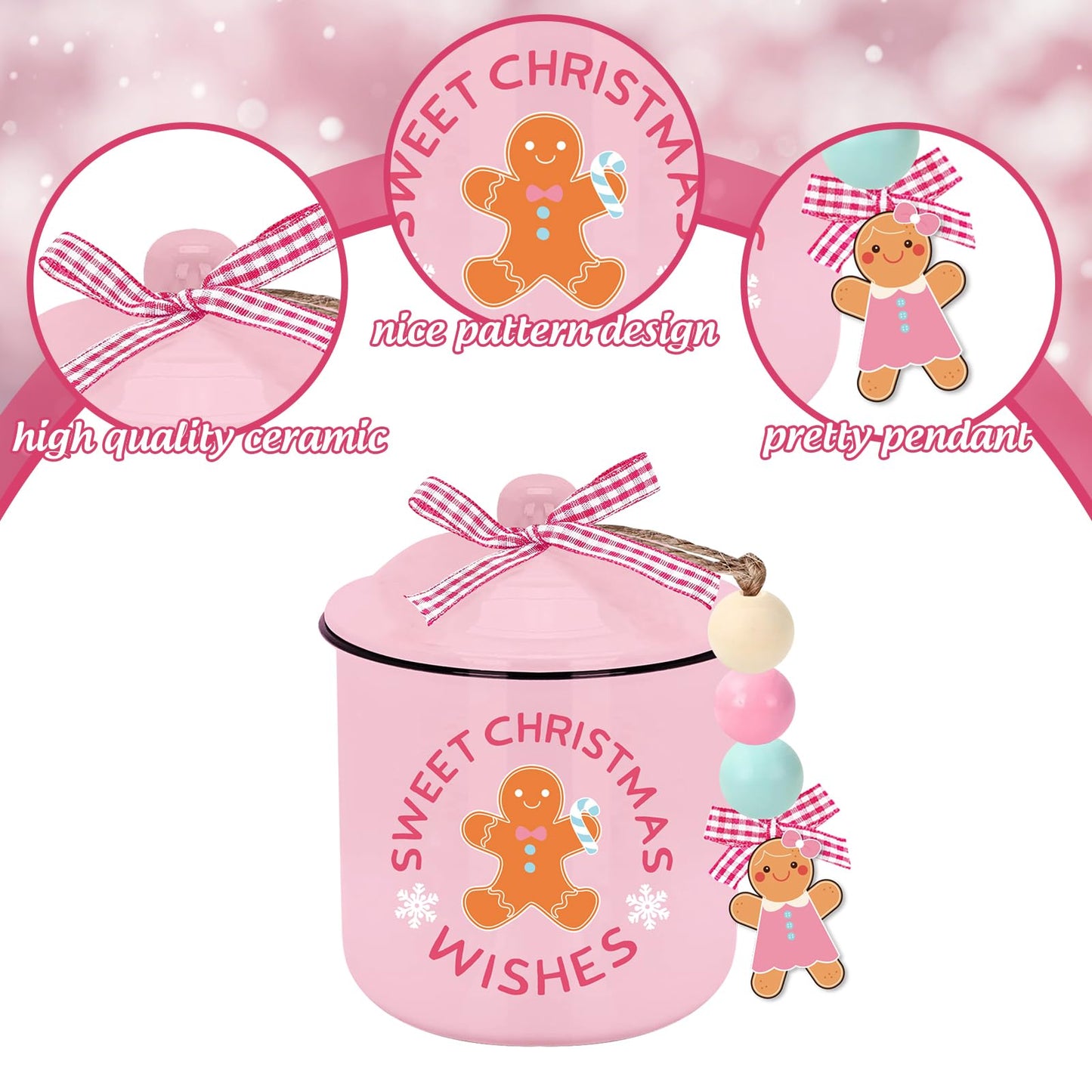 JarThenaAMCS Christmas Mini Ceramic Canister Mini Jar Pink Brown Gingerbread Man Candy Bowl with Lid Buffalo Plaid Bow Wooden Beads for Xmas Winter Home Table Centerpiece Decor Storage Accessory