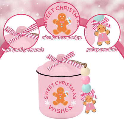 JarThenaAMCS Christmas Mini Ceramic Canister Mini Jar Pink Brown Gingerbread Man Candy Bowl with Lid Buffalo Plaid Bow Wooden Beads for Xmas Winter Home Table Centerpiece Decor Storage Accessory