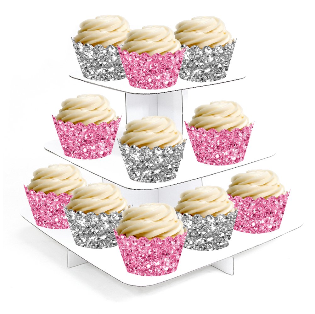 Andaz Press Party Cupcake Wrapper Decorations, Pink And Silver Glitter Paper, 24-Pack, Bulk Cake Supplies Pink Cupcake Wrappers Girl Baby Shower 1st Birthday, Not Real Glitter Silver Cupcake Wrappers