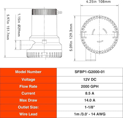 SEAFLO 01 Series 2000 GPH Bilge Pump – 12V, 1-1/8" Outlet, Marine Submersible Pump with Anti-Airlock Protection, CE & Rohs Certified, 4-Year Warranty | Reliable for Boats and Marine Applications