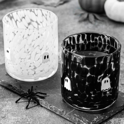 JarThenaAMCS 2Pcs Halloween Icon Juice Glass 14 Oz Black White Ghost Wine Glass Stemless Cocktail Drinking Cups for Home Party Favors Supplies