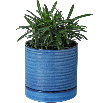 HASENSE Ceramic Plant Pot with Saucer, 6 Inch Planter for Indoor/Outdoor Plants with Drainage Hole,Blue Glazed Flower Pot for Succulents, Snake Plants & Cactus, Modern Farmhouse Decor & Gift