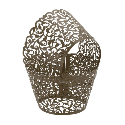 HARFINGTON 50 Pcs Lace Cupcake Liners Standard Vine Designed Hollow Out Cupcake Wraps Artistic Bake Cake Paper Cups for Anniversary Birthday Weddings Parties, Dark Brown
