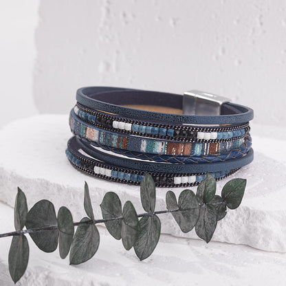 FANCY SHINY Boho Leather Wrap Bracelets Trendy Layered Bracelets with Magnetic Clasp Strackable Bohemian Cuff Jewelry Gifts for Women(Navy Blue)