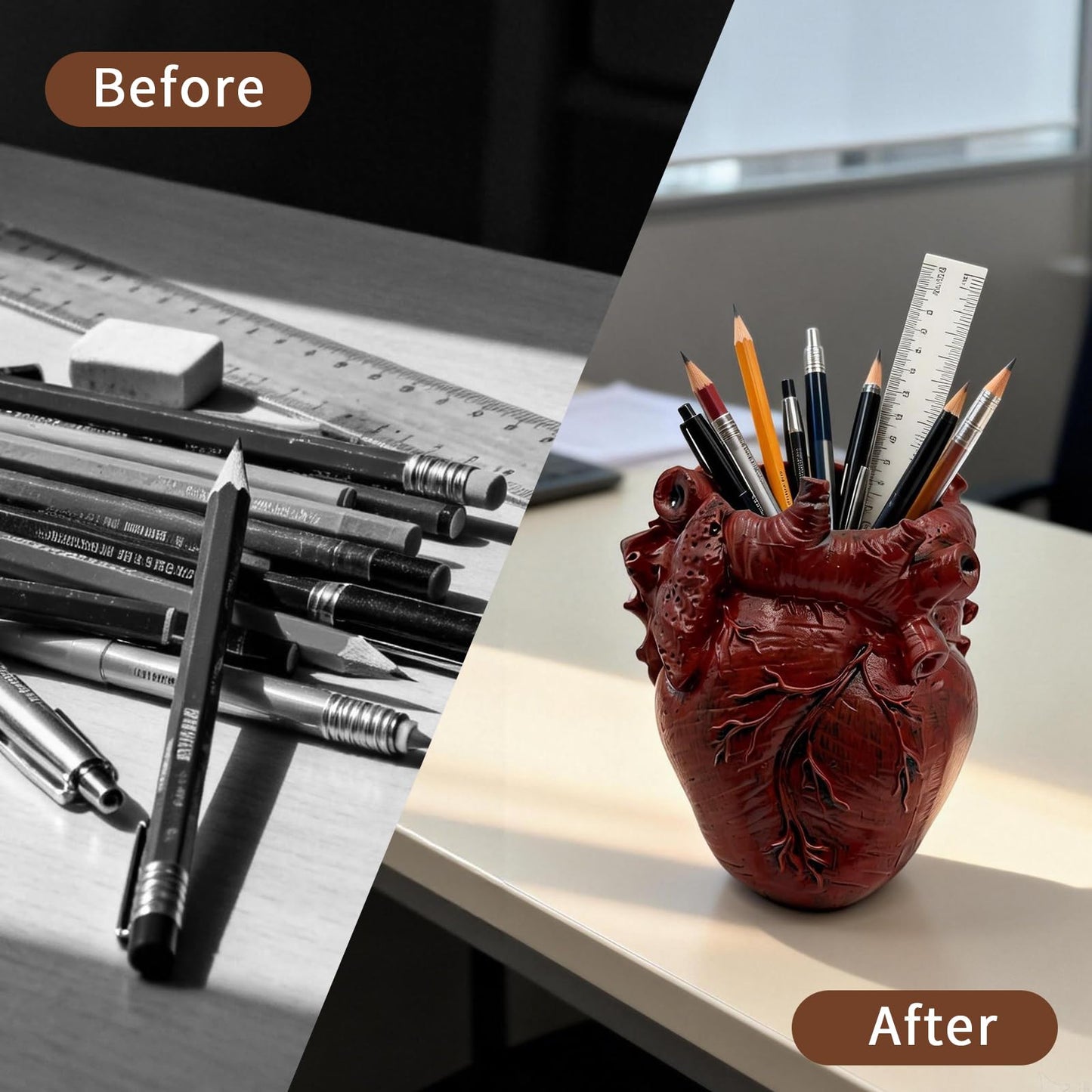 MealFlow Pro Anatomical Heart Pencil Holder, Resin Organ-Shaped Pen Cup Desk Organizer Decor, Makeup Brush Holder, Compact Desk Accessories Gift, Pen Holder for School, Office(RED)
