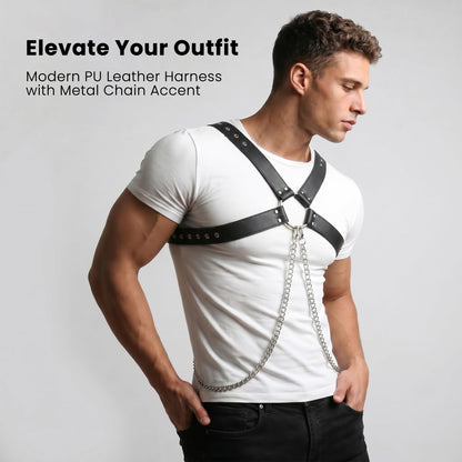 Brycarely Mens PU Leather Chest Harness Chains Costume Cosplay Top, Adjustable Body Harness Shoulder Straps Male Punk Fashion Steatement Rave Outfit for Music Festival Party Halloween Cosplay D167