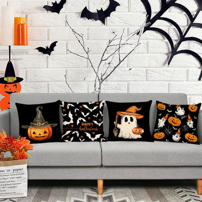 Halloween Pillow Covers 16x16 Set of 4 Ghost Pumpkin Decorative Throw Pillows Cover Black Spider Webs Pillow Cases Home Outdoor Sofa Couch Cushion Covers for Halloween Decorations (16 by 16)