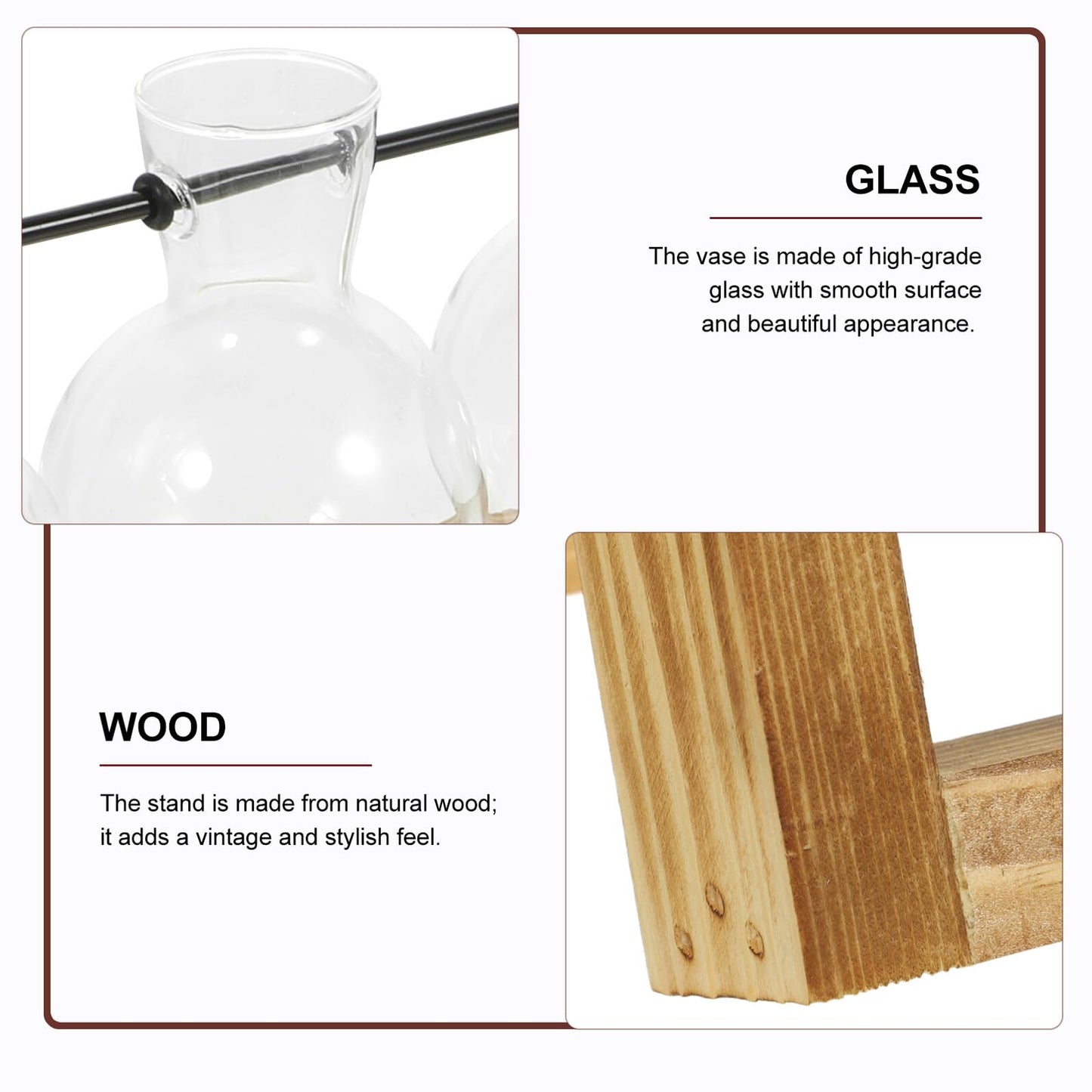 Yardenfun Propagation Station Glass Vases Set of 5 with Wood Stand, Small Hydroponic Plant Terrarium for Indoor Home Décor and Desk Display