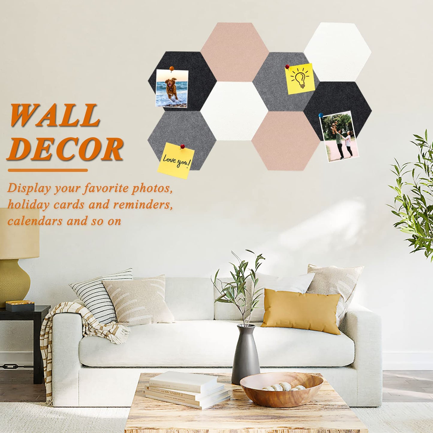 HULAVO 8Pcs Hexagon Felt Cork Board Tiles, Self Adhesive DIY Bulletin Board Pin Board for Office School Home Wall Decor Stickers Memos Photos Display (Camel & Grey)