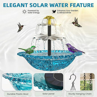 Solar Fountain for Bird Bath, Hanging Cascade Water Feature for Outdoor Garden & Yard Decor, Creates a Relaxing Flow that Attracts Birds (Blue)