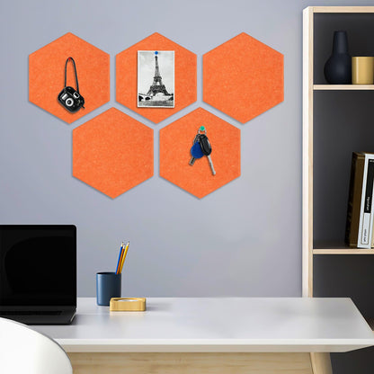 8 Packs Hexagon Felt Pin Board, 12" Bulletin Board with 30 Push Pins, Felt Board for Home Kitchen Office Decor, Self-Adhesive Corkboard Tiles for Walls School Message Photos Memos-Orange