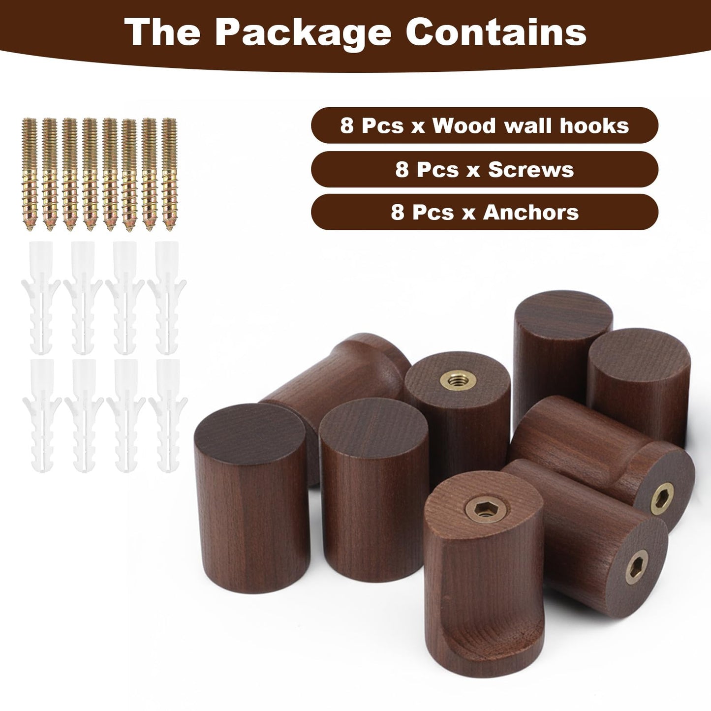 xozeooeu Wood Wall Hooks 8 Pack, Natural Walnut Coat Hooks with Metal Core, Heavy Duty Wall Mounted Hat Hook for Entryway, Bathroom, Bedroom - Rustic Home Decor