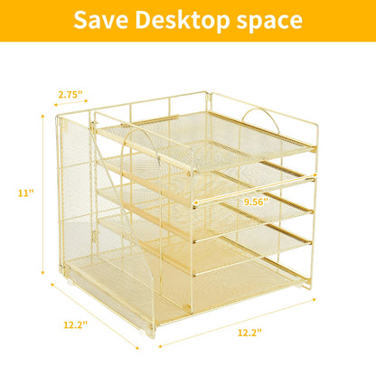 LEKETREE Desk Organizers and Accessories, 5-Tier Paper Letter Tray Organizer with File Holder, Desktop Organizer for Office Supplies (Gold)