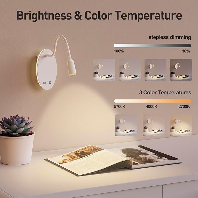 Rechargeable Cordless Reading Light, 360° Adjustable Bedside Lamp, 3 Color Stepless Dimming Night Light, 40H Runtime with Eye-Care, Memory Function, USB Output, Wall-Mounted & Detachable(2pcs)