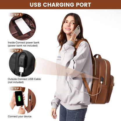 LOVEVOOK Laptop Backpack Purse for Women, Large Capacity Travel Computer Work Bag, Faux PU Leather Quilted Casual Nurse Backpack for Womens, Fit 15.6 Inch Laptop with USB Port, Brown