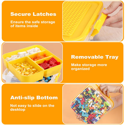 OGANAZI Plastic Storage Container with Bricks Baseplate Lid for Building Blocks, Bricks Building Set Organization Bin with Compartments Tray, Stackable Storage Box Building Block Chest Case (Yellow)