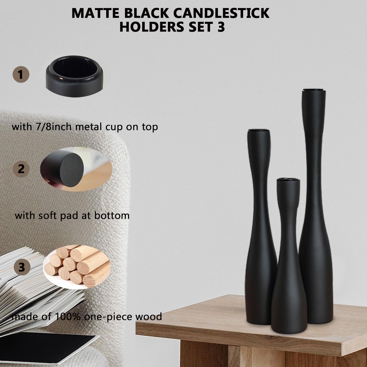 SDALI HOME Candle Holder Black Candlestick Holders 3,Tall Taper Candle Holders Set of 3 for Candlesticks(12"/10"/7.5" H),Modern Farmhouse Candle Stick Candle Holder for Decor