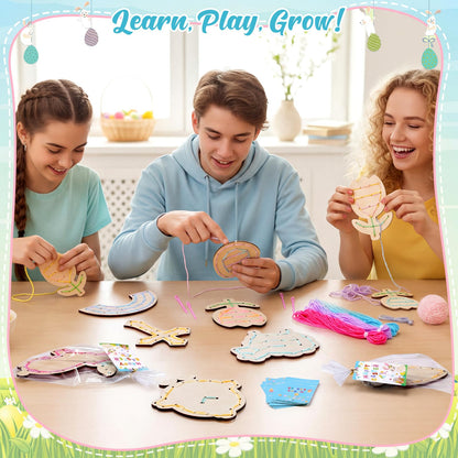 Capoda 18 Sets Easter Crafts for Kids Wooden Lacing Card Toys Easter Basket Stuffers Spring Basket Essentials with Colorful Threads for Girls Boys Spring Craft Activities Craft Kits Sewing